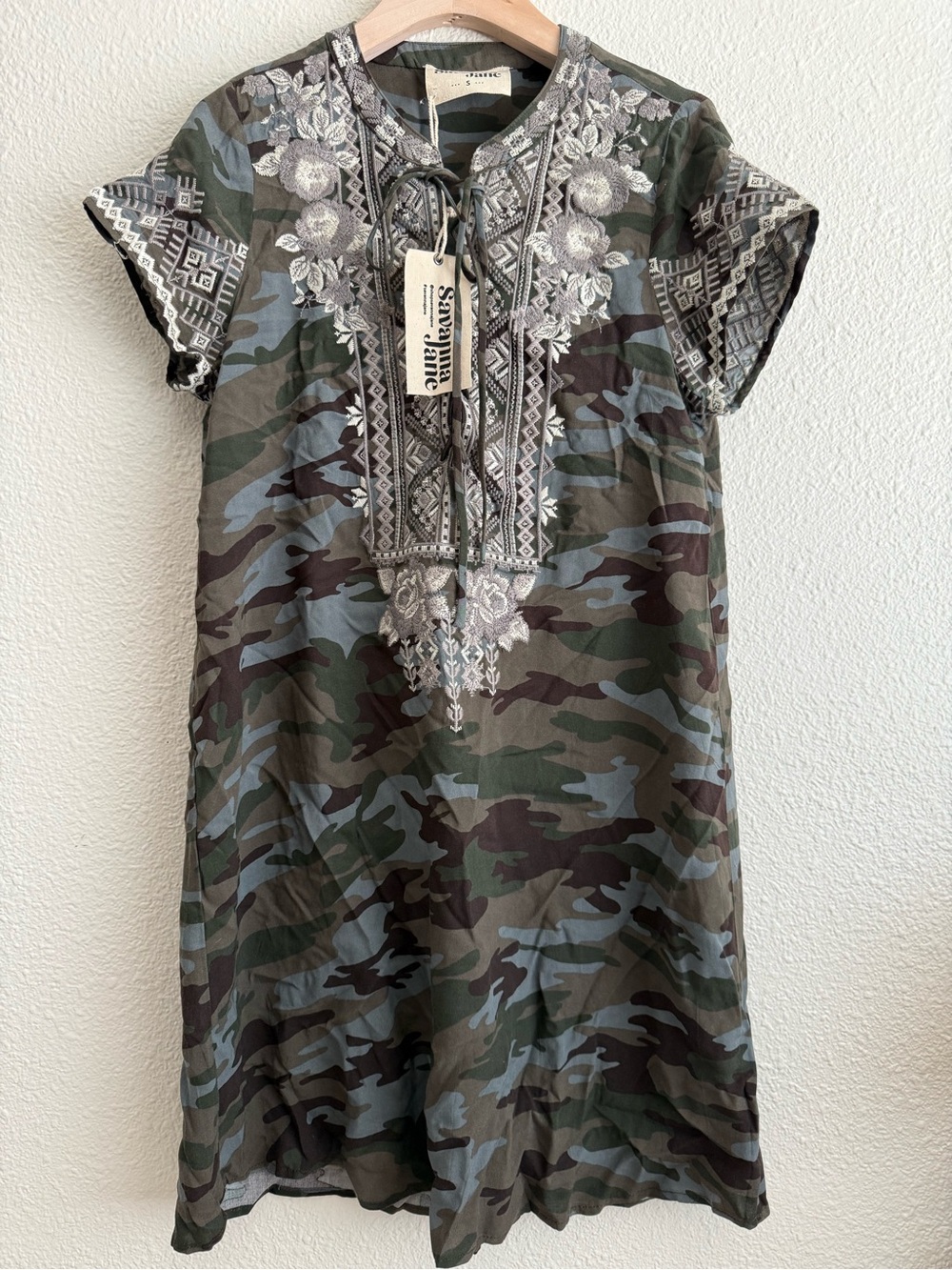Savanna Jane Olive Camouflage Embroidered Midi Dress